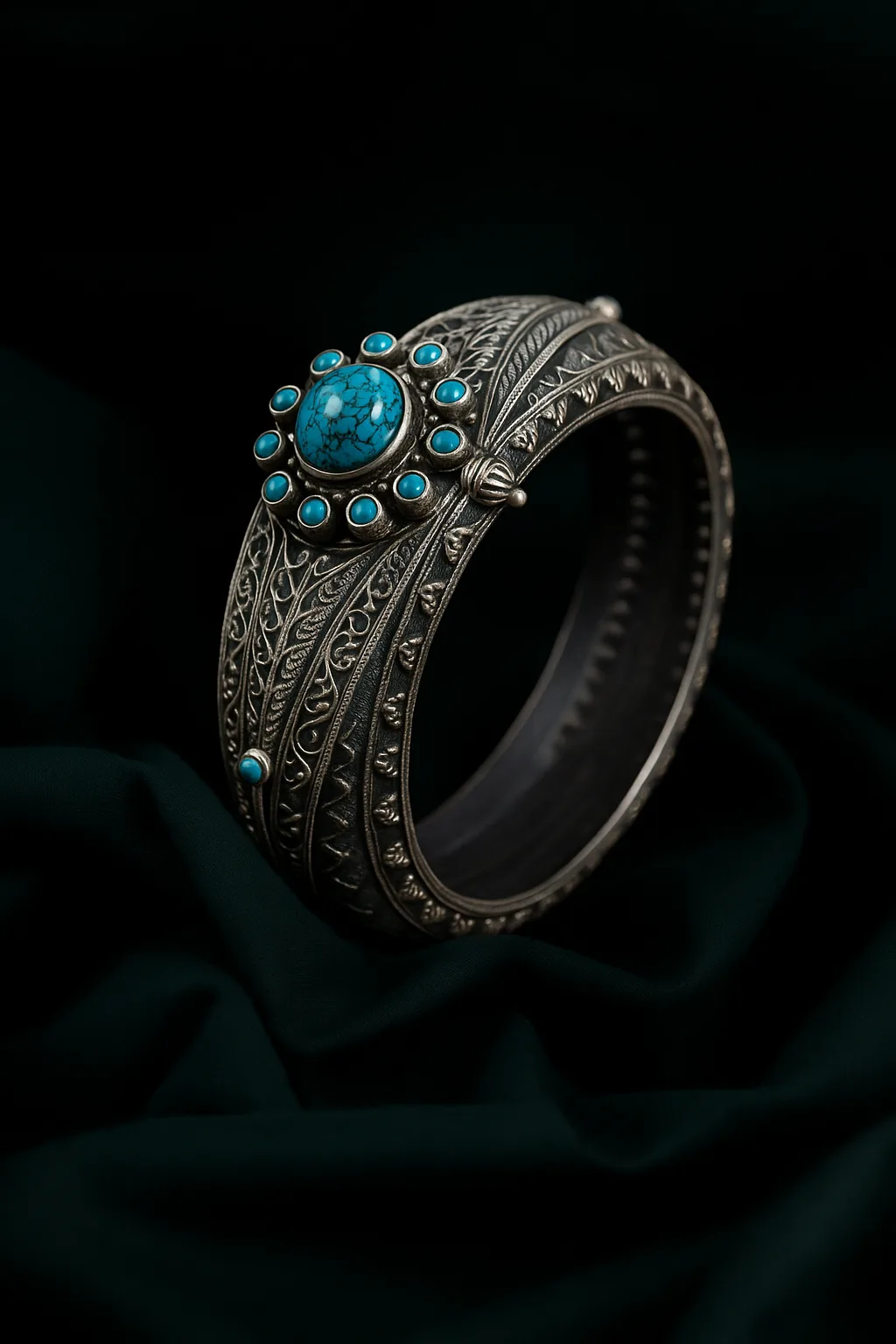 ChatGPT Image Sep 12, 2025, 12_01_12 AM Celestial Turquoise Bloom – 92.5 Hallmarked Antique Silver Kada - Image 1