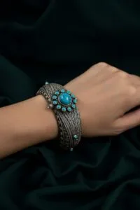 Celestial Turquoise Bloom – 92.5 Hallmarked Antique Silver Kada - Image 3