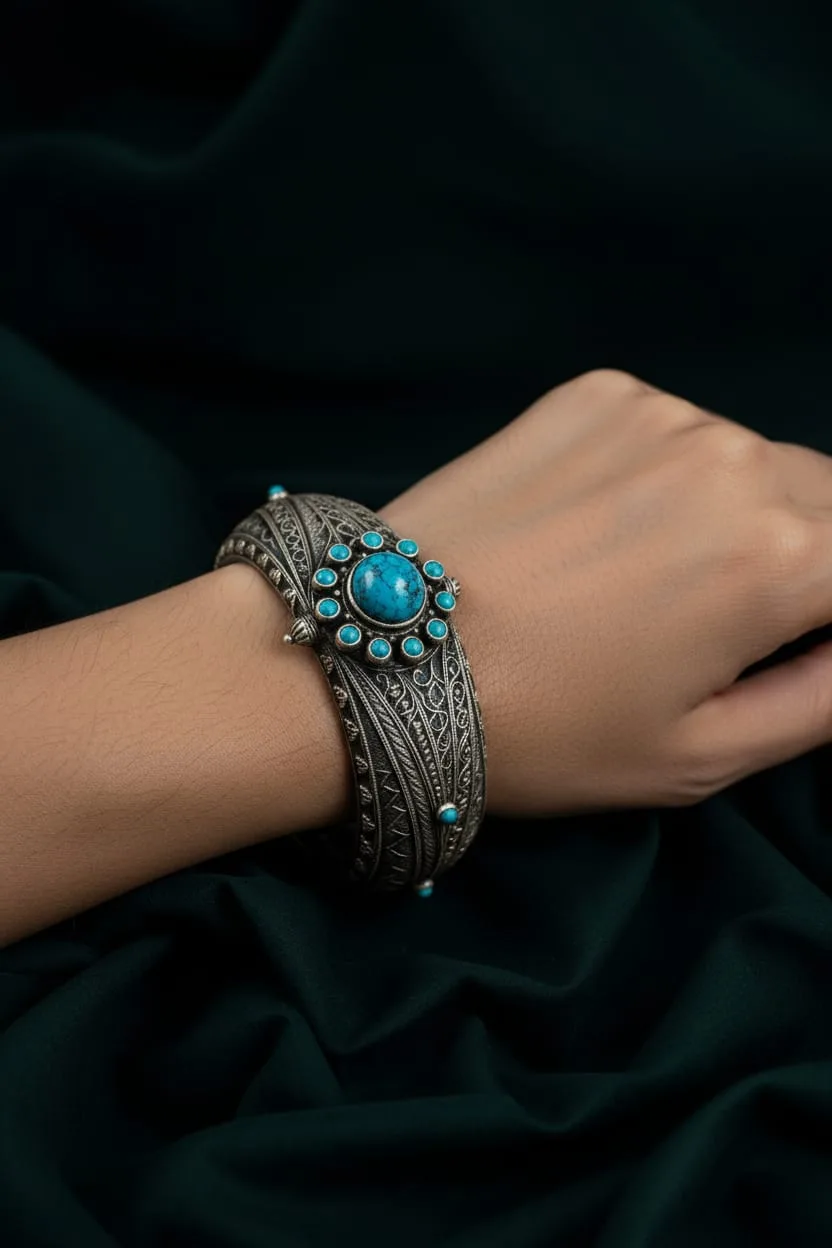 WhatsApp Image 2025-09-18 at 15.50.02_aba312f3 Celestial Turquoise Bloom – 92.5 Hallmarked Antique Silver Kada - Image 3