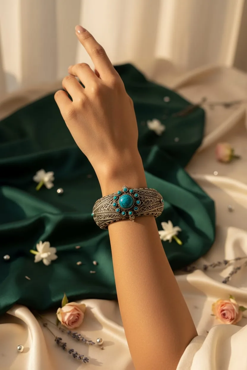 WhatsApp Image 2025-09-18 at 15.50.02_f3236f2c Celestial Turquoise Bloom – 92.5 Hallmarked Antique Silver Kada - Image 4