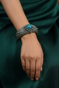 Celestial Turquoise Bloom – 92.5 Hallmarked Antique Silver Kada - Image 2